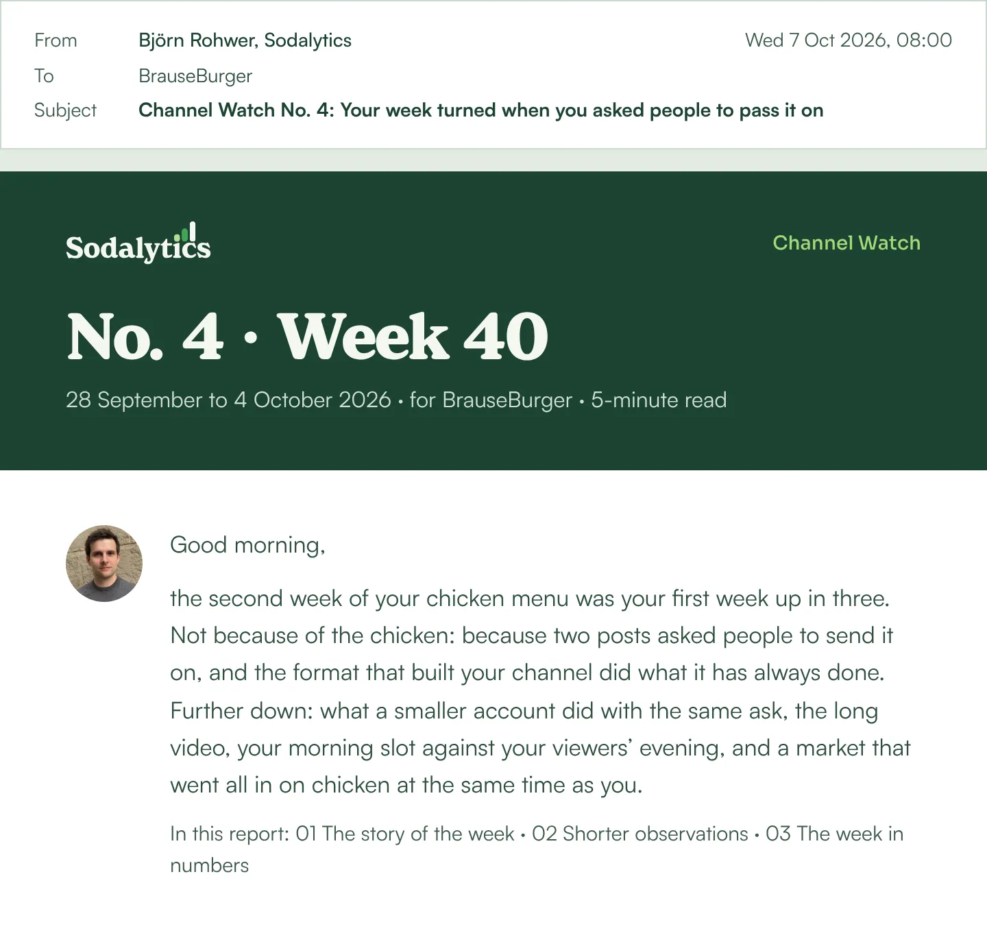 The header of the example Channel Watch email for the made-up client BrauseBurger: “Channel Watch No. 4: Your week turned when you asked people to pass it on”, week 40, with a short note from Björn Rohwer.