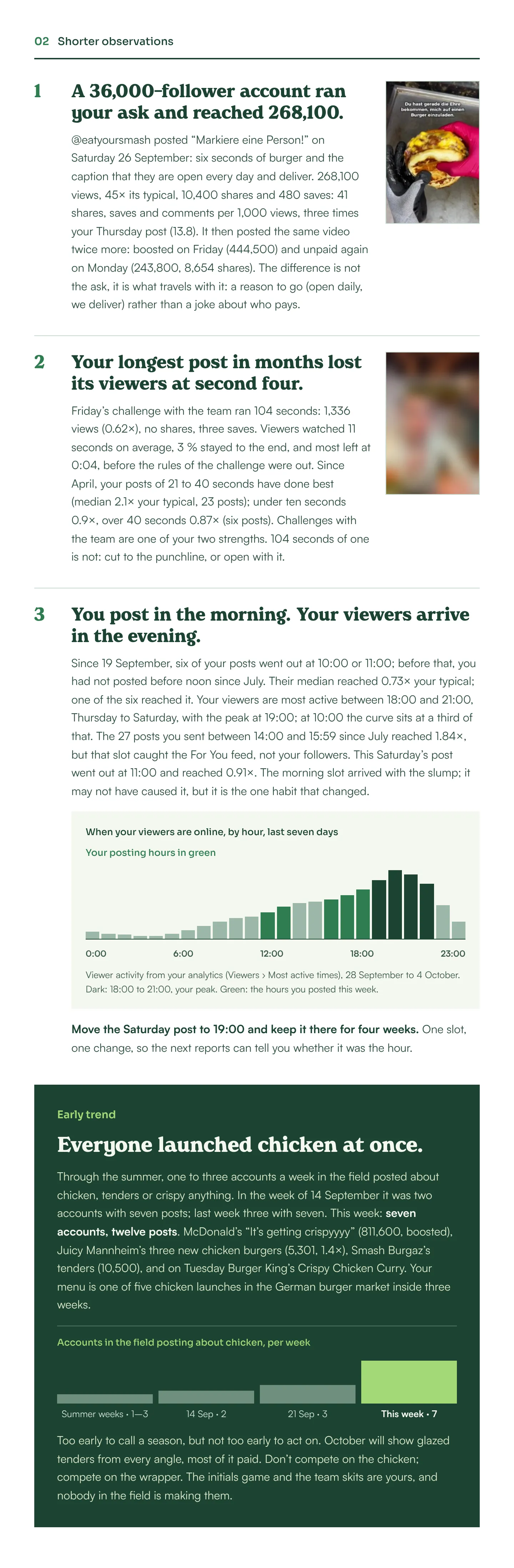 Excerpt 02 of the example Channel Watch email, shorter observations: a 36,000-follower account that ran the same ask and reached 268,100 views, with its post cover and further observations.