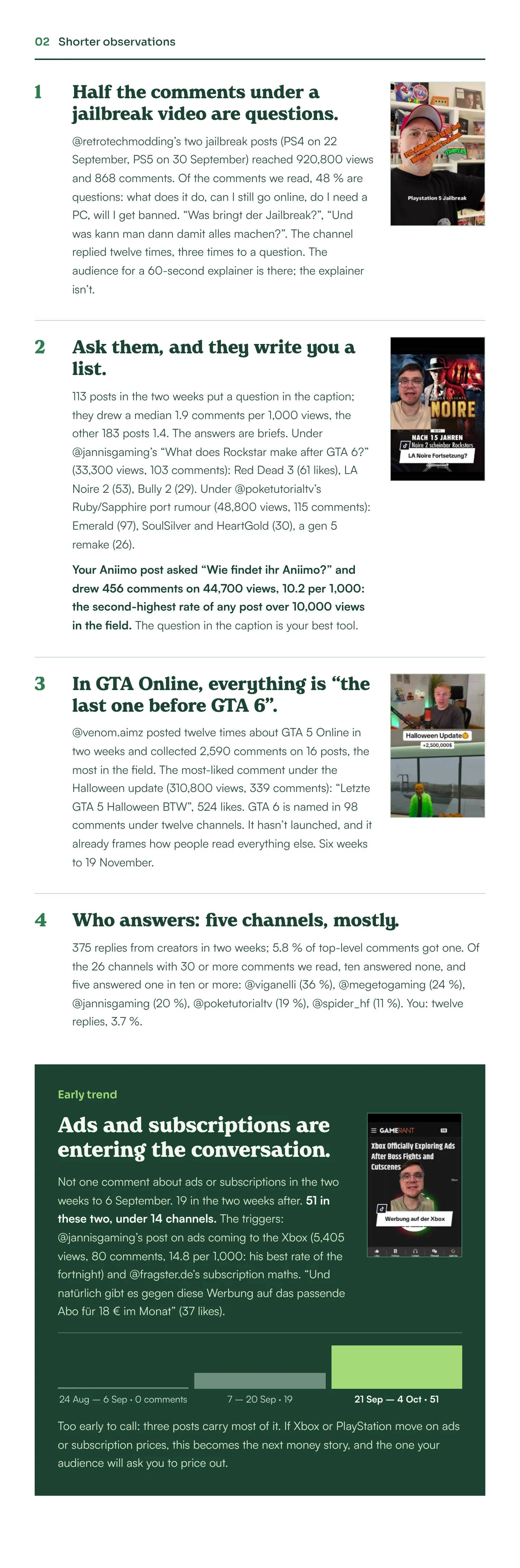 Excerpt 02 of the example Comment Watch email, shorter observations: half the comments under a jailbreak video are questions, and audiences write lists when a creator asks them, with four post covers.