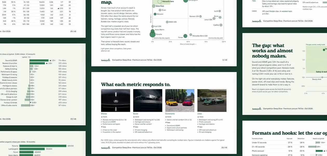 Collage of pages from the example Competitor Deep Dive on premium cars: the strategy map, what each metric responds to, what carries reach by topic, the gap, formats and hooks, and the table of where every brand stands.