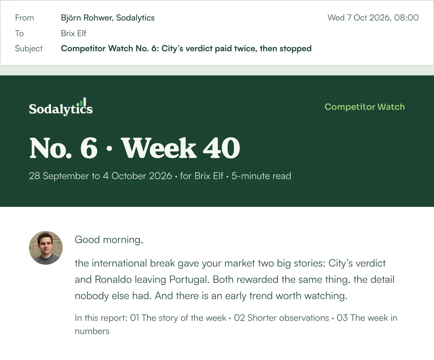 The header of the example Competitor Watch email for the made-up client Brix Elf: “Competitor Watch No. 6: City’s verdict paid twice, then stopped”, week 40, with a short note from Björn Rohwer.