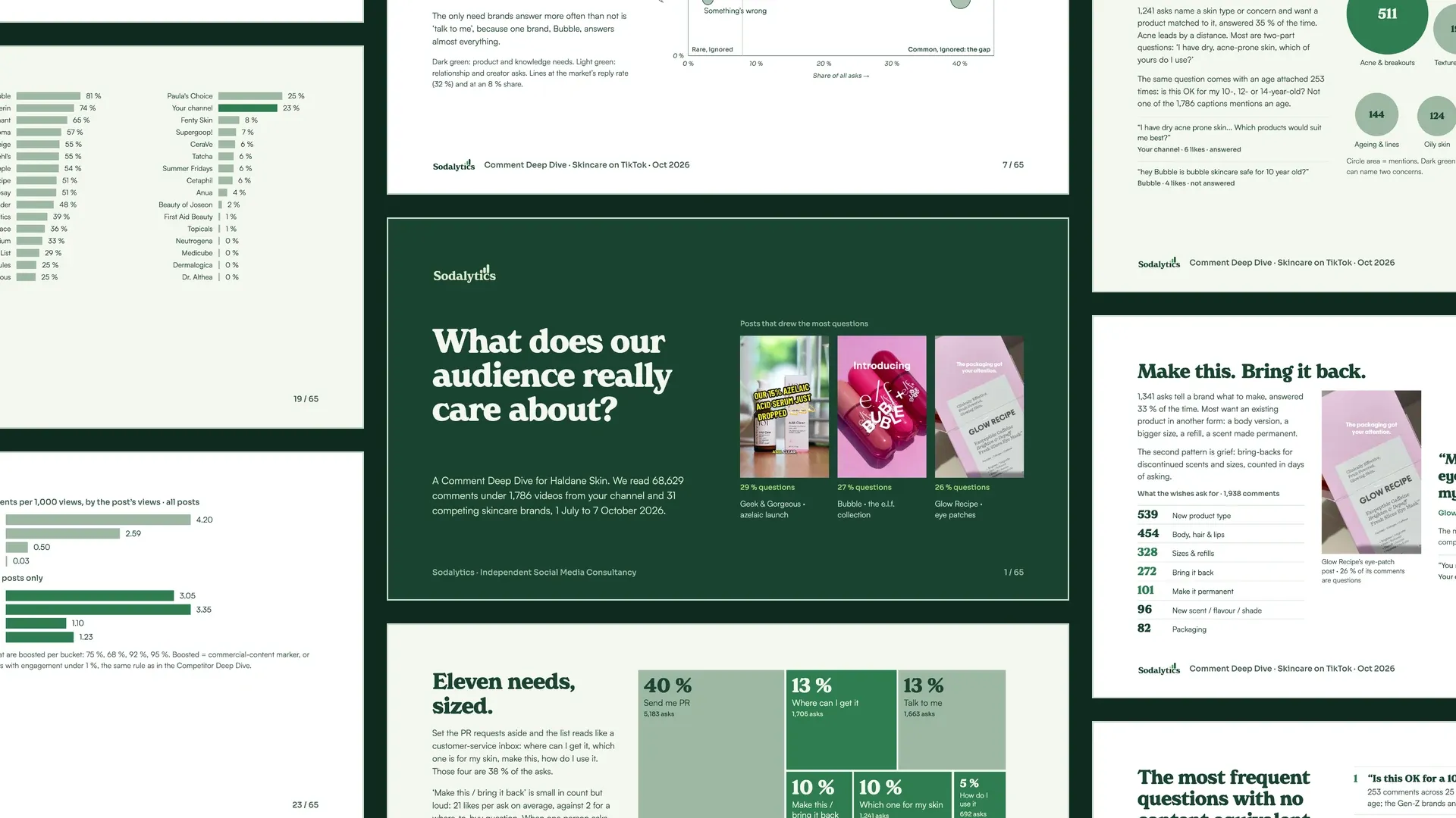 Collage of pages from the example Comment Deep Dive on skincare: the cover, “What does our audience really care about?”, in the middle, with the needs map, the eleven needs sized, who answers, bought reach, skin concerns and product wishes around it.